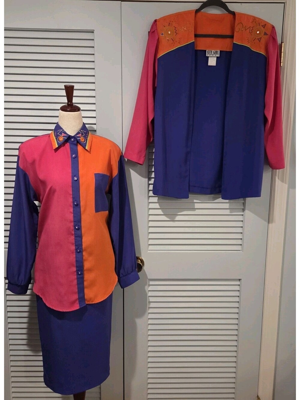 City Girl Sport Sz 6/8 Three Piece Skirt Suit Outfit Purple Orange Vintage 80s